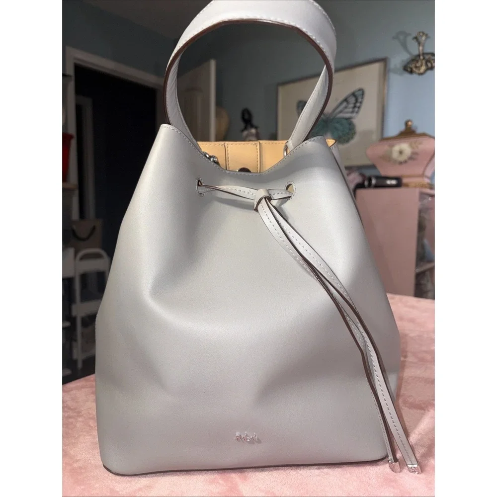 Lauren Ralph Lauren Gray Bucket Drawstring Purse. Silver Hardware. 9x 11.5
